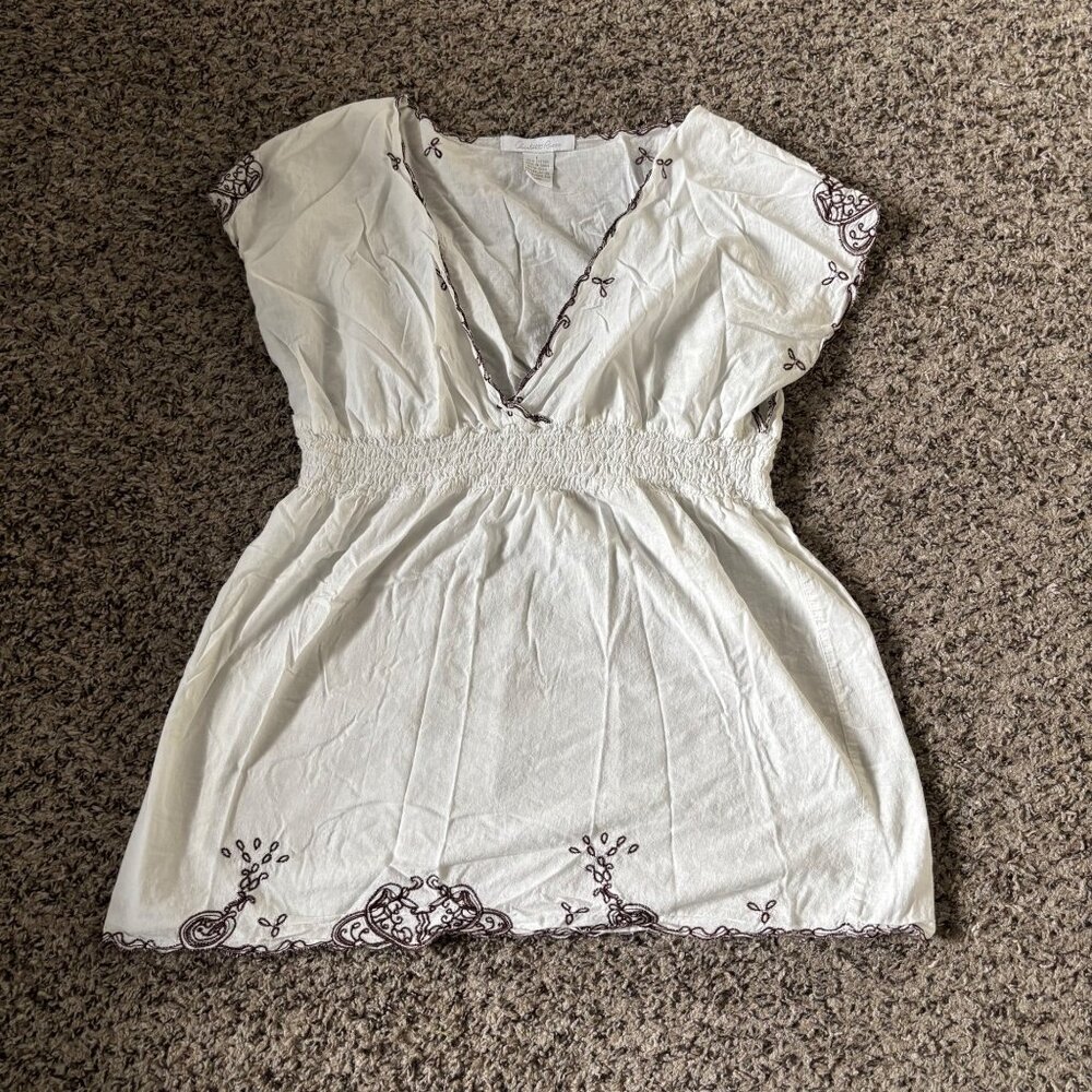 White Charlotte Russe Embroidered Smocked Waist Tunic Top With Cap Sleeves Women